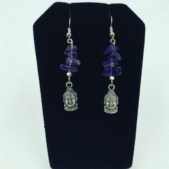 Handmade dangly earrings Amethyst chips buddha charm steel post boho gemstones - Picture 6 of 8